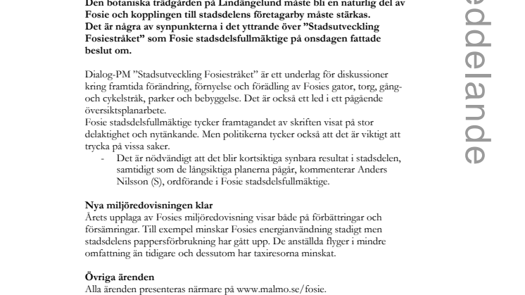 Medborgarna måste se tydliga resultat av förnyelsearbete i Fosie