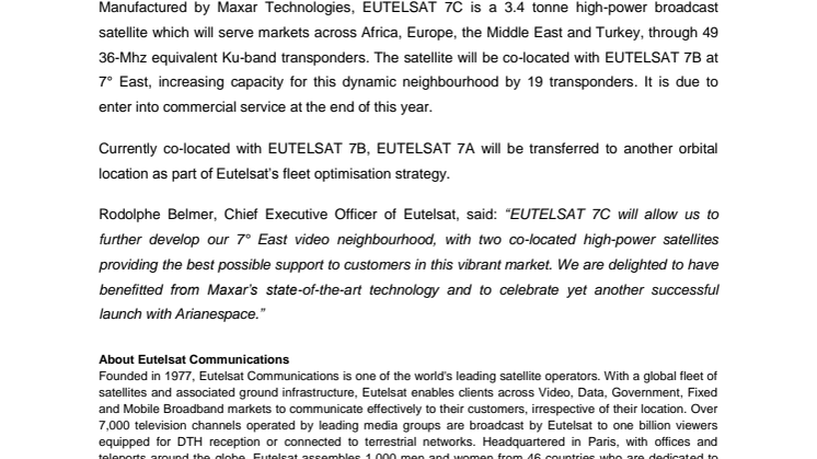Eutelsat confirms the successful launch of EUTELSAT 7C 