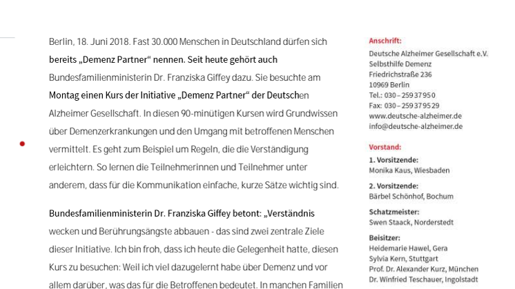 Bundesfamilienministerin Dr. Franziska Giffey ist jetzt Demenz Partner