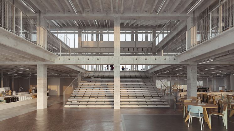 Rendering fra Pihlmann Architects, som illustrerer de åbne rum, der skal skabes mellem etagerne på Thoravej 29.