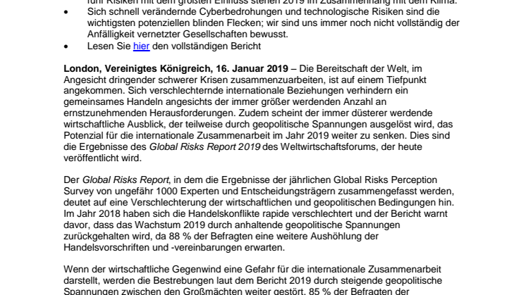 Global Risks Report 2019: Geschwächte internationale Zusammenarbeit schadet dem gemeinschaftlichen Willen, globale Risiken anzugehen