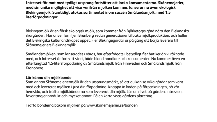 Skånemejerier lanserar ekologisk Blekingemjölk och utökar Smålandssortimentet