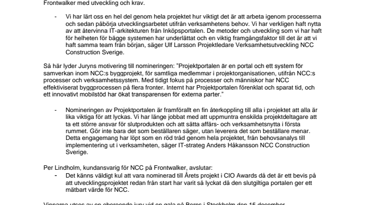 NCC:s Projektportal kan vinna Årets Projekt 2014 