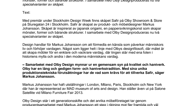 Markus Johanssons skåp Safir produceras i samarbete med Olby design