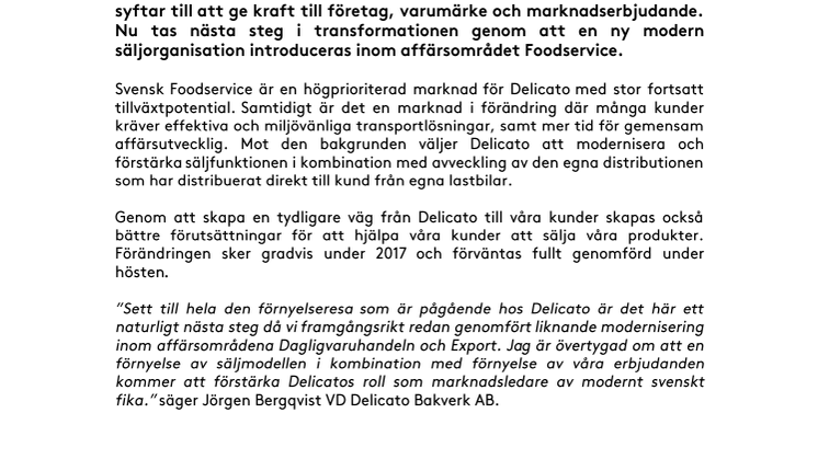 Delicato lanserar ny säljorganisation inom Foodservice