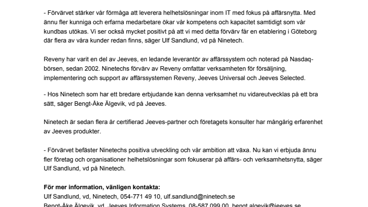 Ninetech förvärvar affärssystemverksamhet av Jeeves