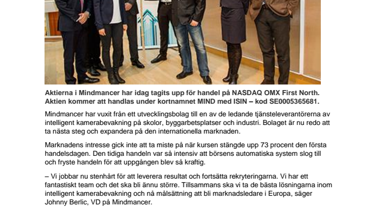 Första handelsdag: Mindmancer +73% på NASDAQ OMX First North