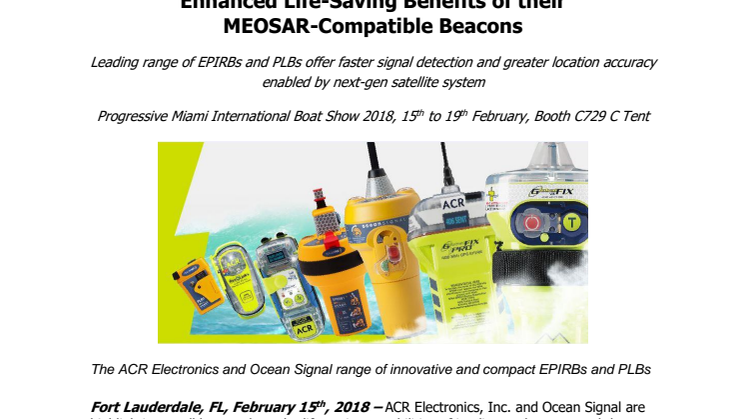 ACR Electronics and Ocean Signal Highlight  Enhanced Life-Saving Benefits of their  MEOSAR-Compatible Beacons