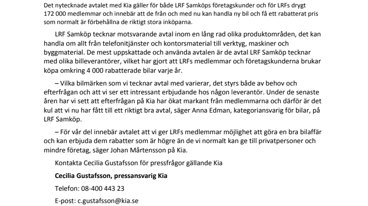 Nytt avtal tecknat mellan Kia och LRF Samköp