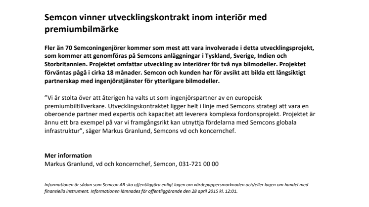 Semcon vinner utvecklingskontrakt inom interiör med premiumbilmärke