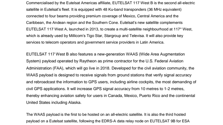 EUTELSAT 117 West B all-electric satellite fully charged and now in commercial service