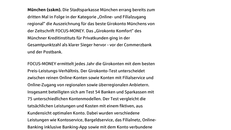 Unabhängiger Test zeigt: Das beste Girokonto in München bietet die Stadtsparkasse München