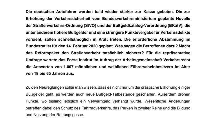 Forsa-Umfrage zur Bußgeldreform: 85 % der Autofahrer sehen in verstärkten Verkehrskontrollen die wirkungsvollere Lösung zur Erhöhung der Verkehrssicherheit