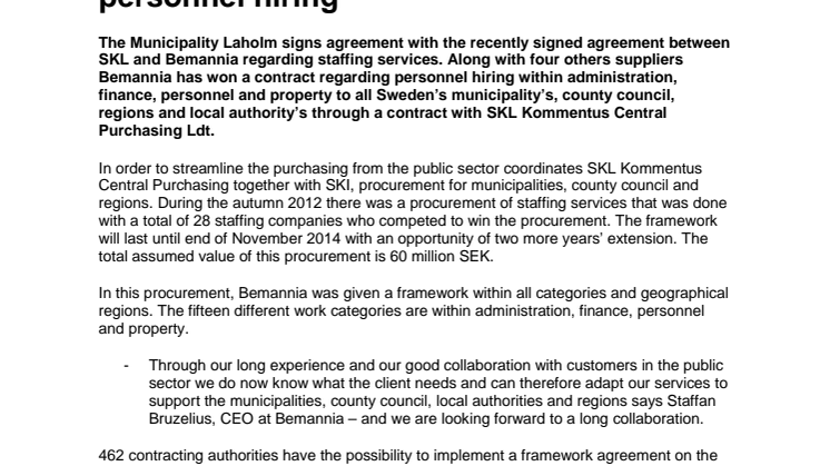 The municipality of Laholm signs agreement with Bemannia regarding personnel hiring