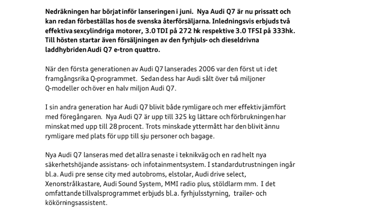 Stark säljstart för Nya Audi Q7