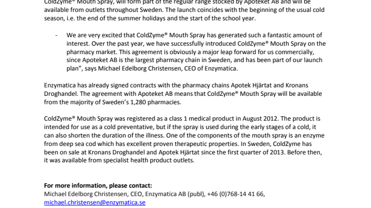 Broad launch for ColdZyme® Mouth Spray, soon on Apoteket AB’s shelves 