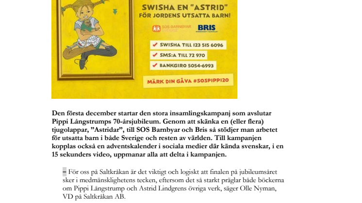 Saltkråkan startar insamling till förmån för Bris och SOS Barnbyar: Pippi Långstrump – alla ungars vän