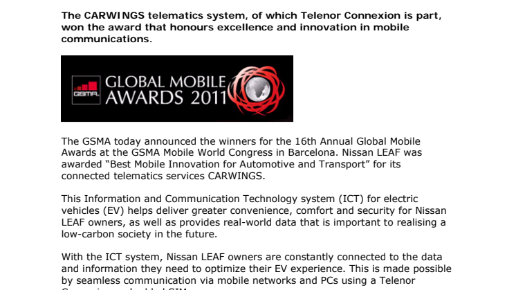 Nissan LEAF telematics system wins GSMA Award 2011 for “Best Mobile Innovation for Automotive and Transport”