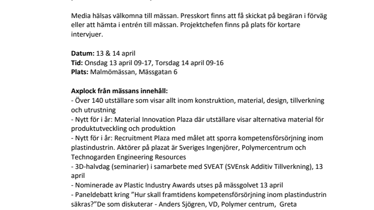 Pressinbjudan till branschmässan Plastteknik Nordic