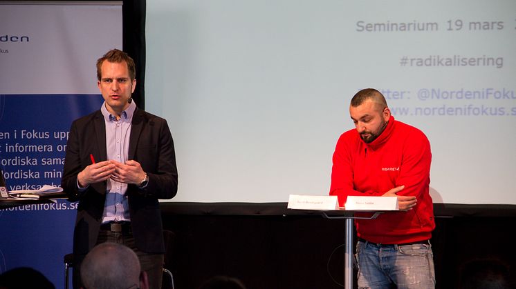 Seminarium om radikalisering, 19.3.2015. Robert Örell och Payam "Peppe" Boroodjeni, Fryshuset.