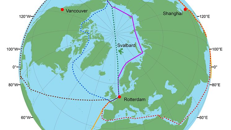 Nåværende og mulige fremtidige skipsruter mellom Asia og Europa (Ill. Chris Emblow, Akvaplan-niva).