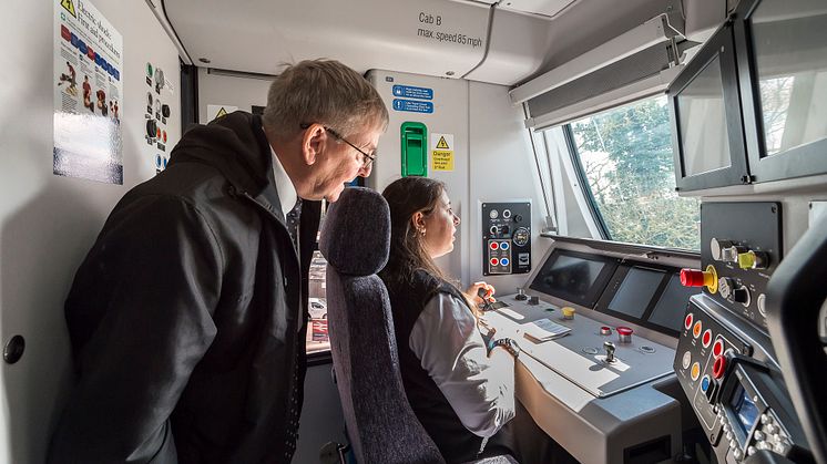 Retired driver Ian Twells and modern day driver Zornitsa Tsankova in cab on launch day of new Moorgate train 25.03.19