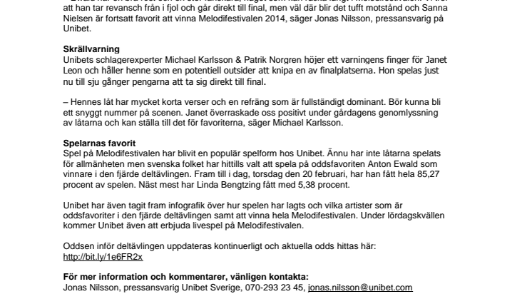 Melodifestivalen 2014, deltävling 4: Anton Ewald storfavorit i Örnsköldsvik