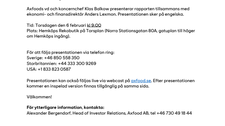 Inbjudan till presentation av Axfoods bokslutskommuniké 2019