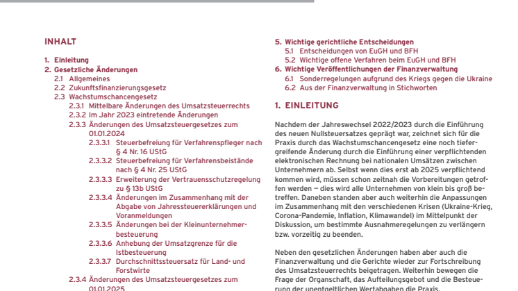 Umsatzsteuer Merkblatt 2023 - Hinweise auf neue Vorschriften 2024, wesentliche Änderungen 2023