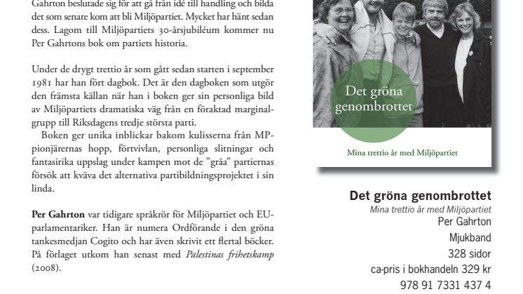Ny bok: Det gröna genombrottet – Mina trettio år med Miljöpartiet