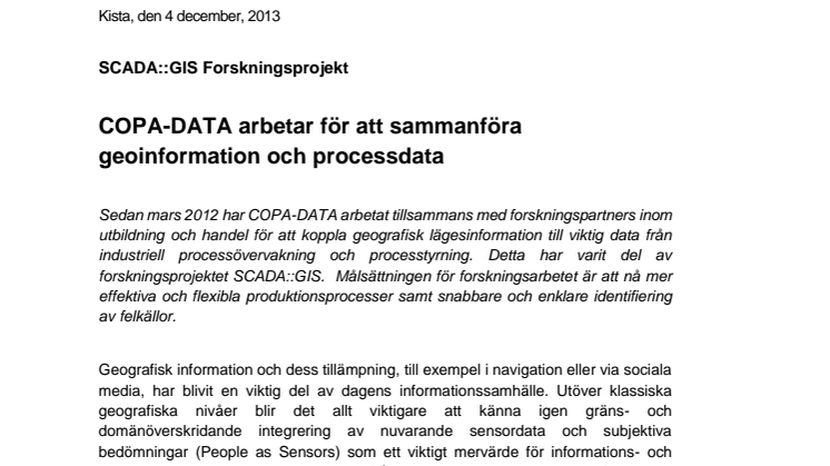 COPA-DATA arbetar för att sammanföra geoinformation och processdata