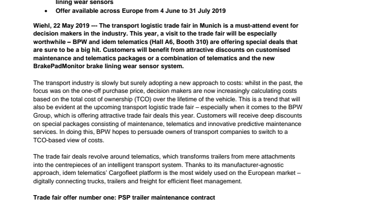 BPW makes transport logistic trade fair doubly attractive with exclusive offers for maintenance, telematics and intelligent brakes