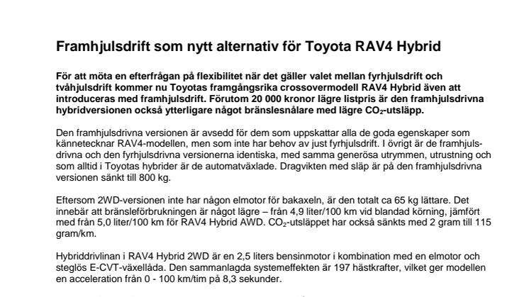 Framhjulsdrift - nytt alternativ för Toyota RAV4 Hybrid
