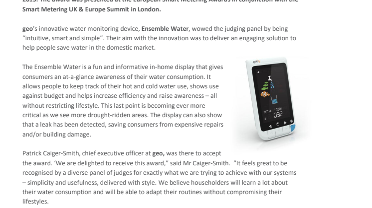 geo wins Smart Water Metering Innovation of the Year 2013