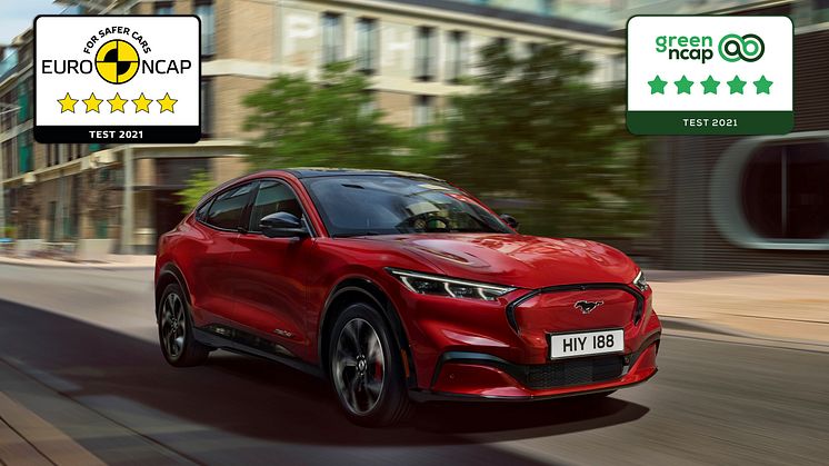 Ford Mustang Mach-E scorer topkarakterer i sikkerhed med fem stjerner i Euro NCAP og tillige fem stjerner i Green NCAP