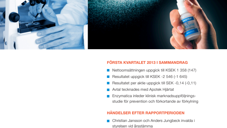DELÅRSRAPPORT FÖR ENZYMATICA AB (publ) JANUARI – MARS 2013