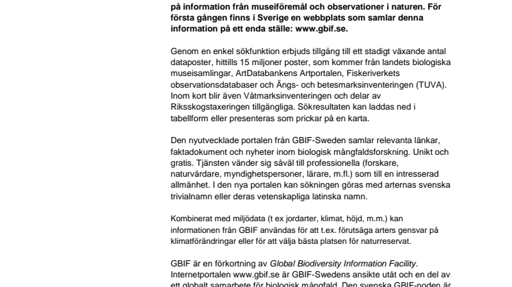 Nytt sätt att söka Sveriges djur och växter — www.gbif.se
