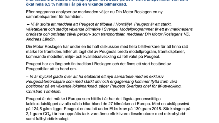 Din Motor Roslagen tar över Peugeotförsäljningen i Norrtälje