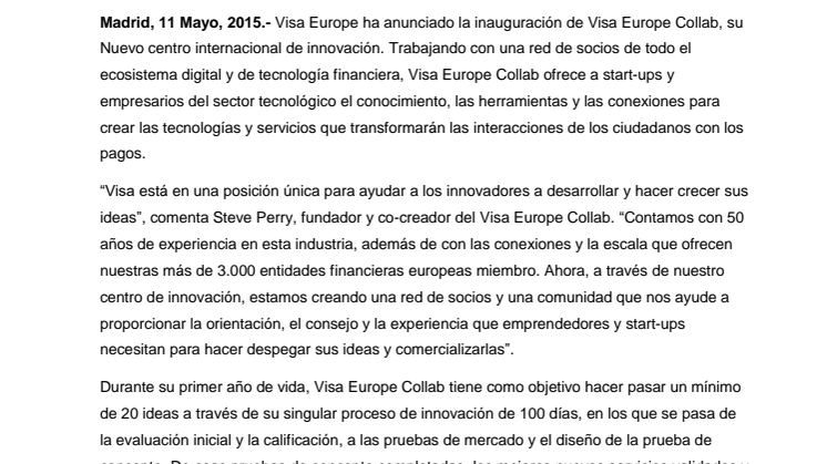 Visa Europe Collab abre sus puertas a una nueva generación de servicios de pago