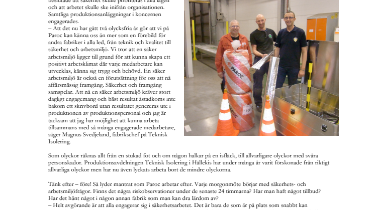 Parocs fabrik i Hällekis fortsatt olycksfri – hela organisationen arbetar för säkerhet 