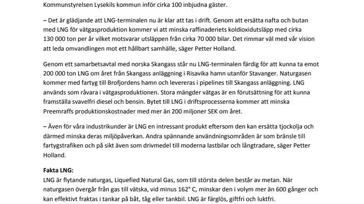 Ny LNG-terminal hos Preemraff minskar koldioxidutsläppen med 130 000 ton/år