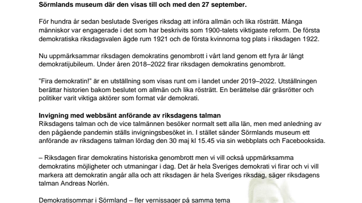 Pressmeddelande 25 maj 2020 om utställningen "Fira demokratin!"