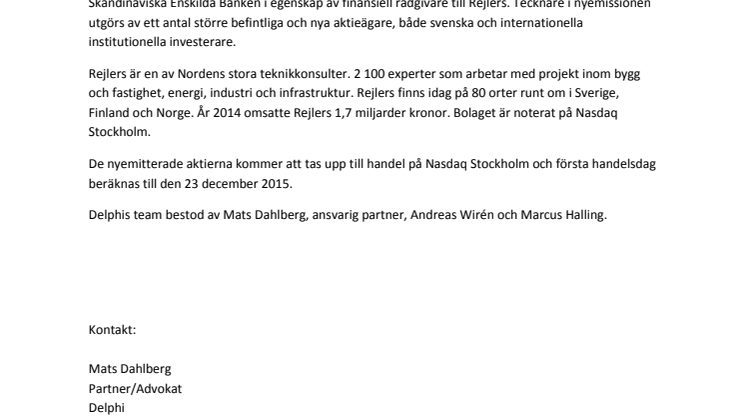 Delphi rådgivare åt Rejlers AB vid accelererad bookbuilding process 