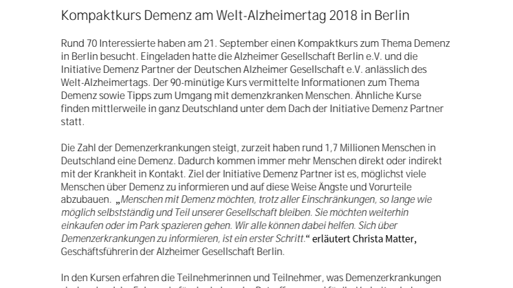 Kompaktkurs Demenz am Welt-Alzheimertag 2018 in Berlin