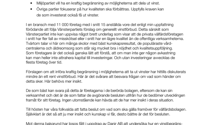Ipsos har undersökt vilka konsekvenser förslagen om vinstbegränsning får för välfärdsföretag