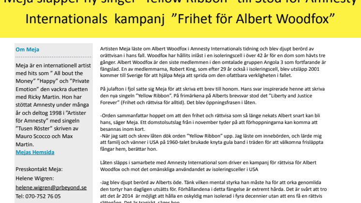 Meja släpper ny singel ”Yellow Ribbon” till stöd för Amnesty Internationals kampanj  ”Frihet för Albert Woodfox”