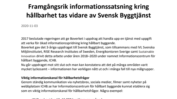 Framgångsrik informationssatsning kring hållbarhet tas vidare av Svensk Byggtjänst