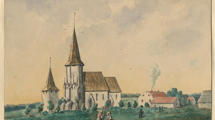 Lärbro kyrka.  Akvarell målad av Pehr Arvid Säve 1854.