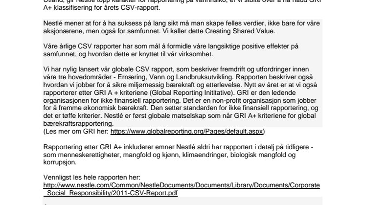 Nestlés CSV-rapport 2011 får GRI A+ klassifisering 