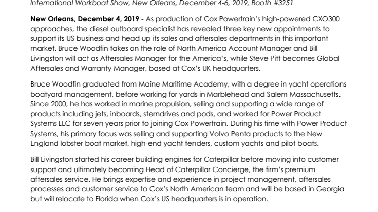 International Workboat Show: Cox Powertrain announces appointment of new US-based sales and customer support team to work in collaboration with network of local dealers